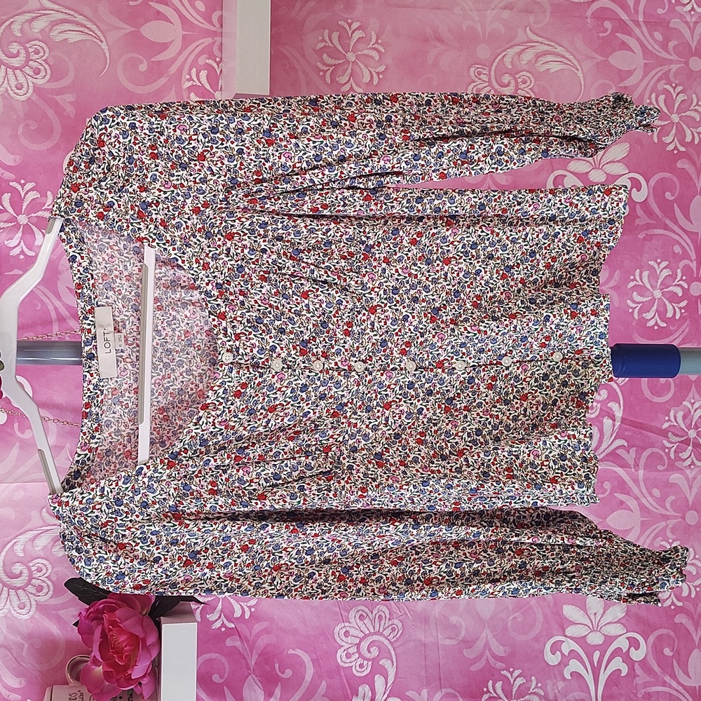 LOFT Pink and Green Puff Sleeve Blouse